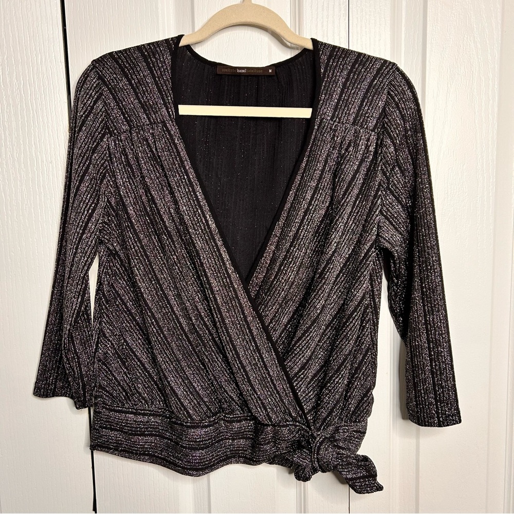 Anthropologie Azel Hazel Haze Medium V-Neck‎ Wrap Tie Black Metallic Blouse Top